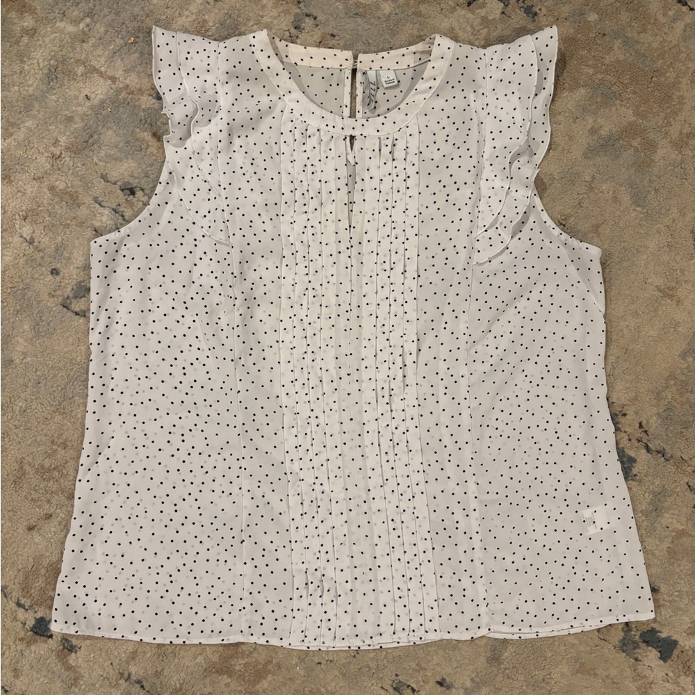 Chiffon sleeveless blouse white with black dots pattern and ruffled shoulders
